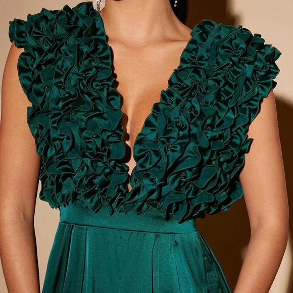 Green Party Women's Plunging Neck Ruffle Wide Leg Jumpsuit - Picture 6 of 6